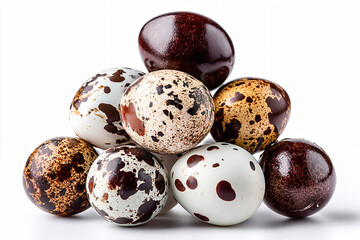 Obraz premium premium quail eggs arranged in pyramid formation, gourmet cooking ingredient with distinctive mottled exterior