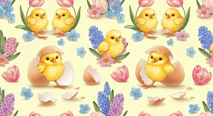 Fototapeta premium Adorable Easter Chicks Hatching from Eggs Surrounded by Spring Flowers Seamless Pattern