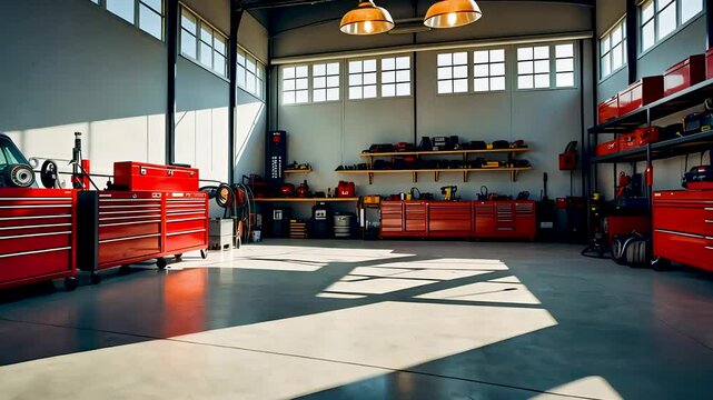 Brightly lit automotive garage workshop with red tool cabinets and open floor