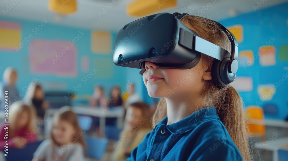 Poster Student explores immersive virtual reality education in a futuristic classroom while other students observe in the background
