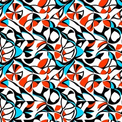 A black and white pattern with red, blue and black shapes.
