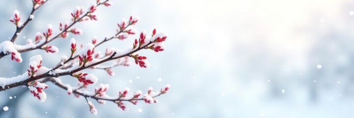 Snowy branches with delicate leaves scattered on white canvas, snowflakes, frozen