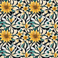 A black and yellow floral pattern on a black background.