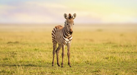 Obraz premium Adorable Baby Zebra Foal Standing in Serengeti Grassland at Dawn