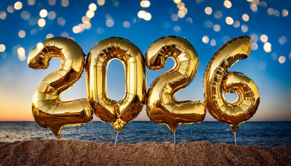 Golden 2026 Balloons on Beach at Sunset with Festive Lights