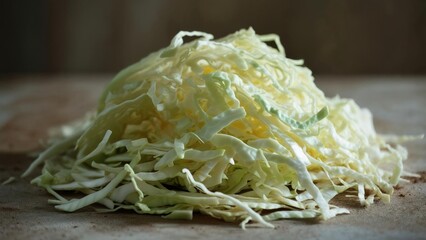 Freshly shredded cabbage on wooden surface ready for cooking or salad preparation