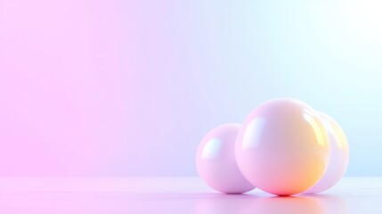 Three iridescent, pearl-like eggs rest on a pale surface. The largest egg is centrally positioned, with two smaller ones beside it. Soft, pastel lighting creates a dreamy atmosphere. The image is hig