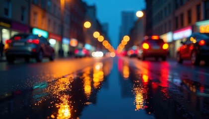 Obraz premium Abstract late-night city lights reflecting on wet pavement, pavement, cool