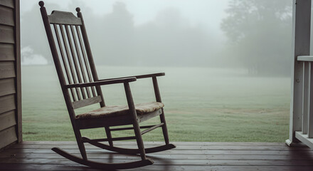 Antique Rocking Chair On Foggy Porch