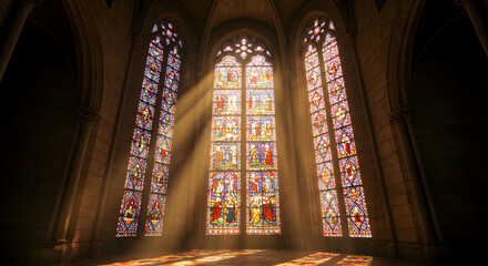 Illuminated Stained Glass Windows In Ancient Cathedral