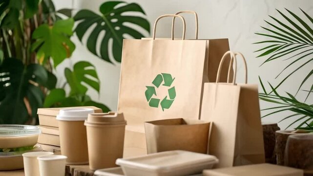 Arrangement of eco friendly containers and bags with recycle logo on a wooden surface near plants