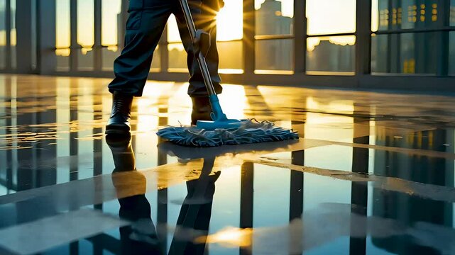 Janitor mops shiny floor inside office building with morning sunlight reflections