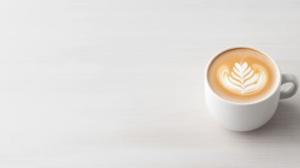 Latte Art Coffee Minimalist Style High-Resolution Photography Wide Angle Shot Creamy Texture Enjoying Beverage White Wooden Table Warm Neutral Tones Perfect for Cafe Menu