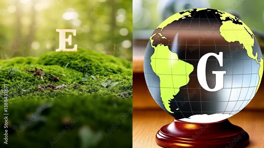 Poster A split image showing the letter e on moss and a globe with the letter g on a book with a gavel