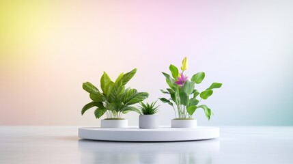 Three potted plants, including a leafy green plant and a flowering plant, sit on a white circular platform. The soft pastel background enhances the plants vibrancy. The image is digitally rendered, w