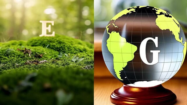 A split image showing the letter e on moss and a globe with the letter g on a book with a gavel