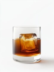 A glass of Iced Americano in a wide rocks glass showcases clear ice cubes and a deep amber coffee gradient on a white background