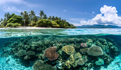 Naklejka premium Island Paradise: Half underwater view showcases a vibrant coral reef teeming with life beneath a tropical island paradise and blue sky.