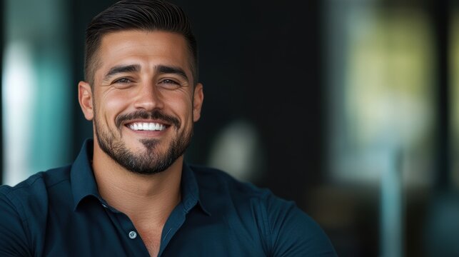 A smiling man in a casual shirt poses confidently, against a blurred background, perfect for business or lifestyle themes, Ideal for use in marketing, social media, or personal branding,