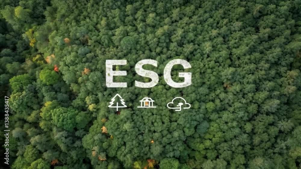 Aufkleber Aerial view of dense green forest with esg text and icons overlayed on the foliage canopy top
