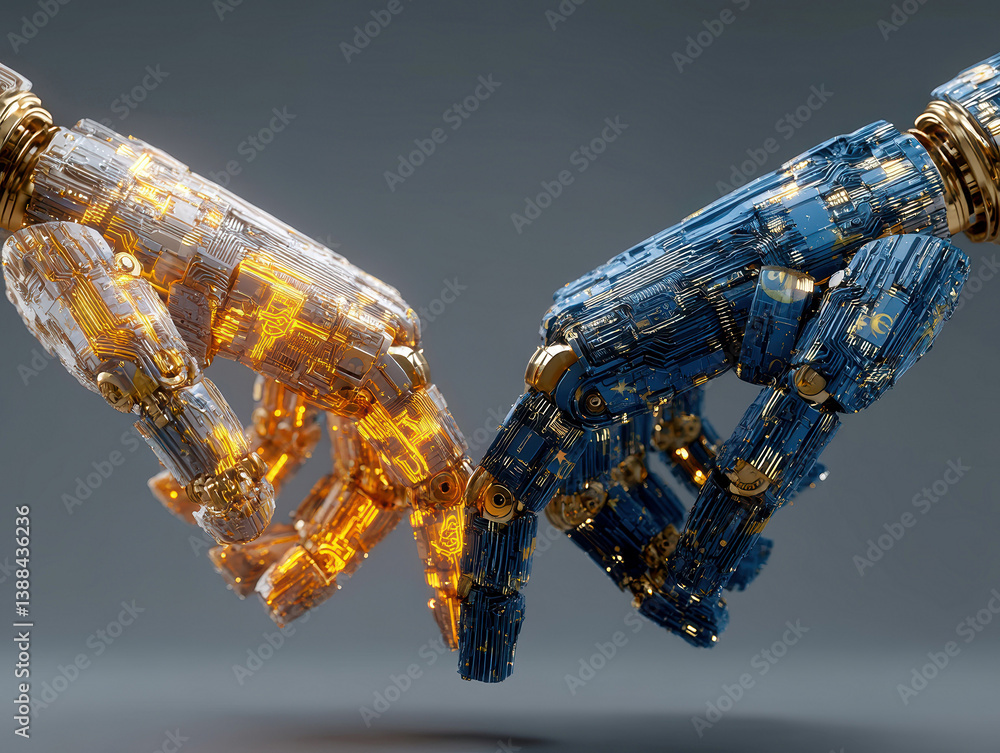 Poster two glowing robotic hands symbolizing technology integration with humanity, representing collaborati