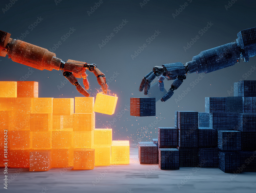 Poster two robotic hands interact with a stack of blocks, symbolizing the balance between technology and hu