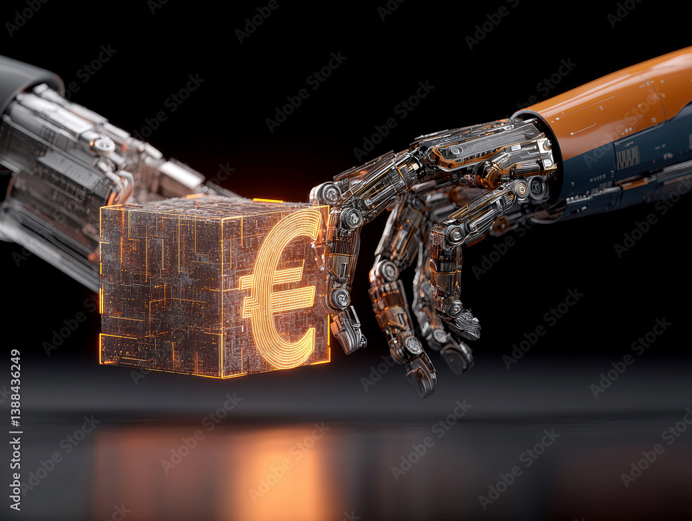 Poster image showcases two intricate robotic hands with a glowing bitcoin symbol between them, emphasizing 