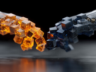 A concept image showcases a symbolic fusion of technology and human connection, depicting two robotic hands exchanging glowing cubes, representing AI collaboration with human interactio - AI-Generated