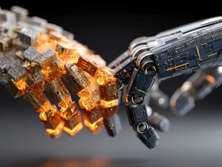Image showcases two friendly robotic hands in a cool-toned setting, symbolizing collaboration and innovation - AI-Generated