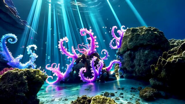 Glowing octopus tentacles emerging from ocean floor in deep underwater scene
