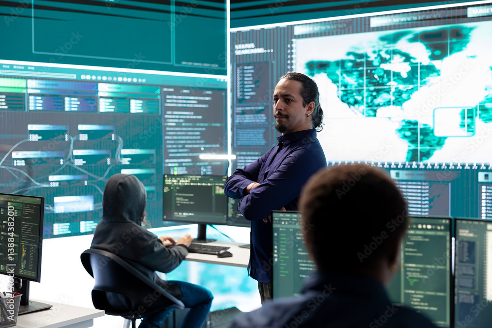 Poster hacking group targeting network security in governmental office, cyber attacks. digital security spe