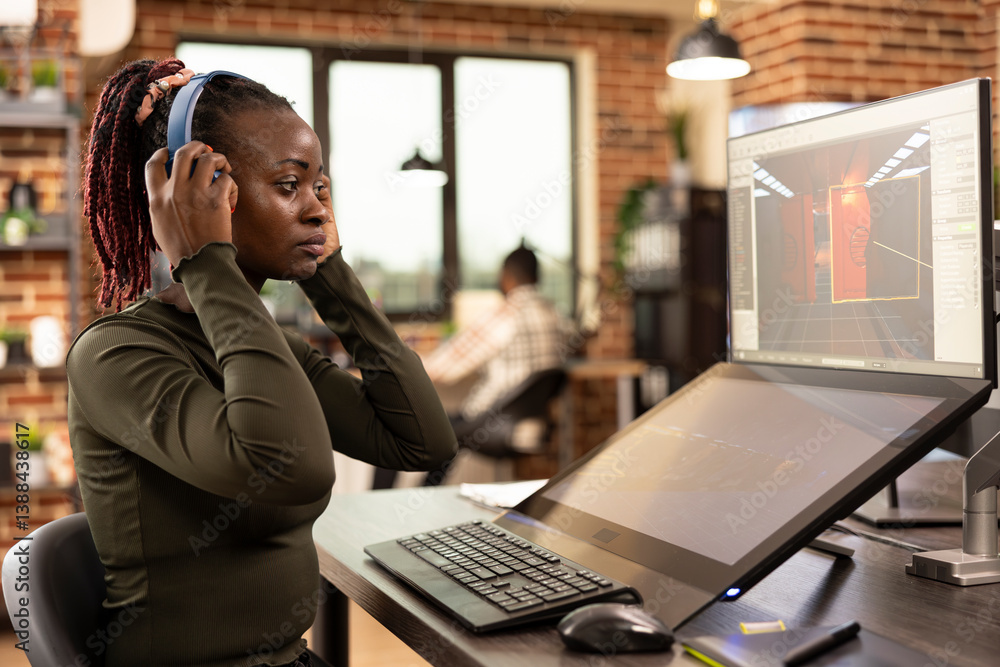 Poster african american designer refining projects on digital monitors enhancing visuals in modern creative