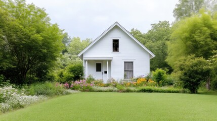 Obraz premium Quaint white cottage nestled in lush garden
