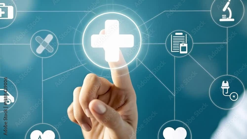 Poster hand touching plus sign surrounded by medical icons on blue background interface display screen