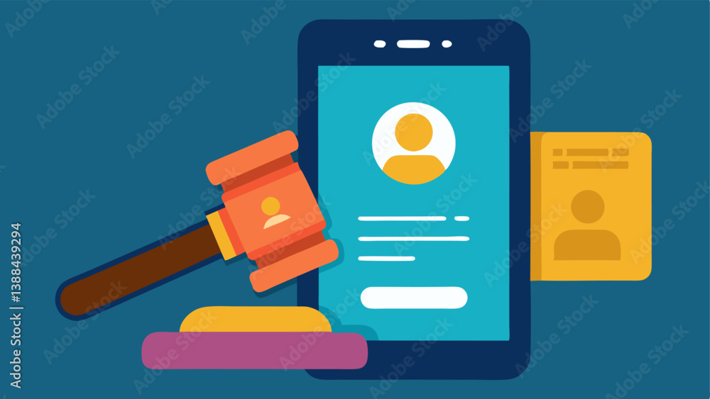 Poster gavel and smartphone a gavel resting on a smartphone displaying a digital id signifying the legal im
