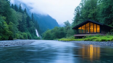 Fototapeta premium Cabin by River in Woods