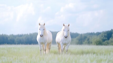 Obraz premium Two white horses walk towards the camera in a field. The image is bright, with soft, natural lighting. It has a peaceful, serene mood. The background is a softly blurred green field and trees. The
