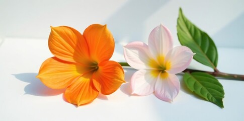 Obraz premium Brightly colored flower on white surface with shadows, colorful, bold, shadow