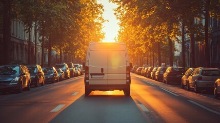 Obraz premium Delivery Van Driving Through Sunset City Street with Trees and Cars