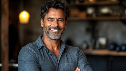 Obraz premium Confident Middle-Aged Man Smiling in a Modern Industrial Workspace