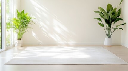 Empty bright room with white walls and wooden floor, large windows allowing natural light, two green potted plants on either side, and minimalist interior design concept.