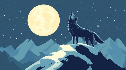 Wolf Howling at Moon Mountains Snowy Landscape