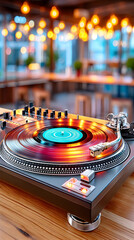 Illuminated turntable on bar top, vibrant nightlife setting