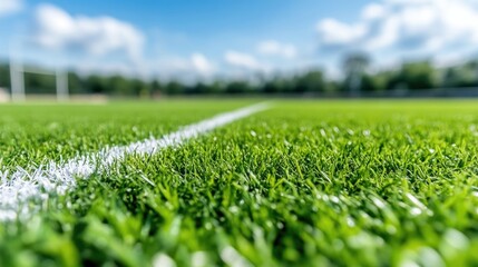 Close-up view of a vibrant artificial playing field, with a crisp white line.  Sunny day,  outdoors