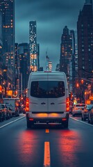 Obraz premium Modern White Van on Urban Street at Night with City Lights in Background