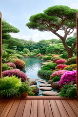 Serene Japanese garden view from open doors, showcasing vibrant flowers, a tranquil pond, stepping stones, and lush greenery