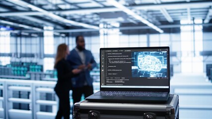 Laptop in data center facility with artificial intelligence computing simulating human brain,...