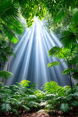 Sunbeams pierce lush tropical foliage, illuminating a jungle path