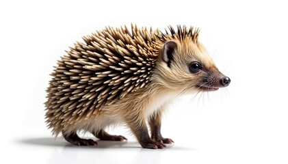 Obraz premium Brown hedgehog standing, facing left, white backdrop, visible spines, nature, prickles
