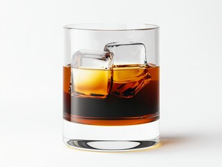 A glass of Iced Americano in a wide rocks glass showcases clear ice cubes and a deep amber coffee gradient on a white background